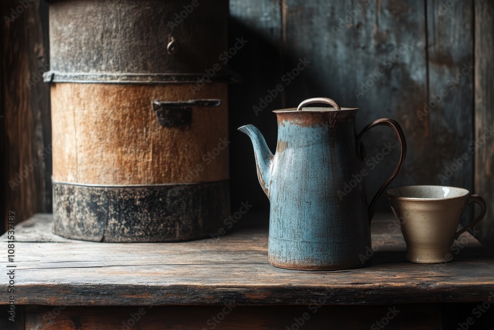 Rustic kitchen still life with an old blue teapot, a ceramic mug, and a vintage wooden box. Rustic kitchen still life with an old blue teapot, a ceramic mug, and a vintage wooden box.