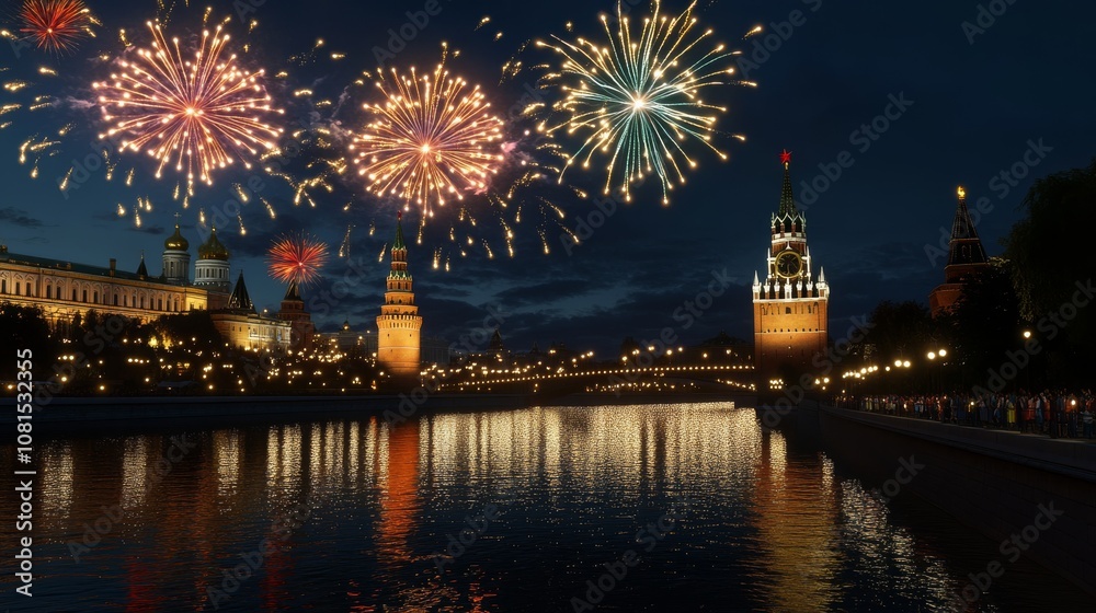 Naklejka premium A stunning night view of a cityscape with fireworks lighting up the sky above historical buildings and a river reflecting the colorful display.