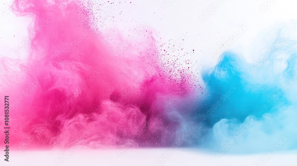 Fototapeta premium Colorful smoke explosion in pink and blue against a light background.