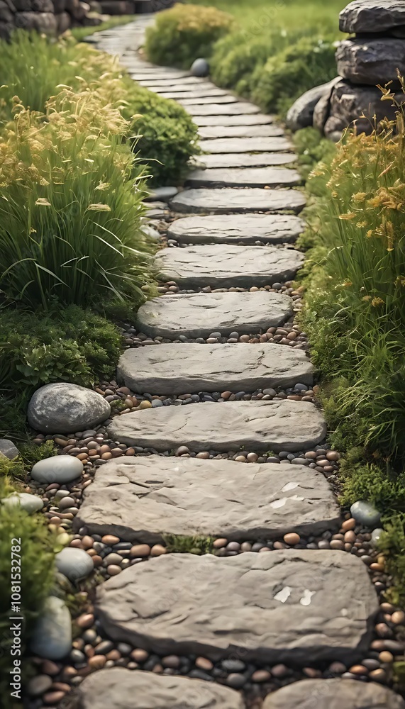 Obraz premium Stone Pathway with Visible Pebbles and Grass for a Rustic, Old-World Look