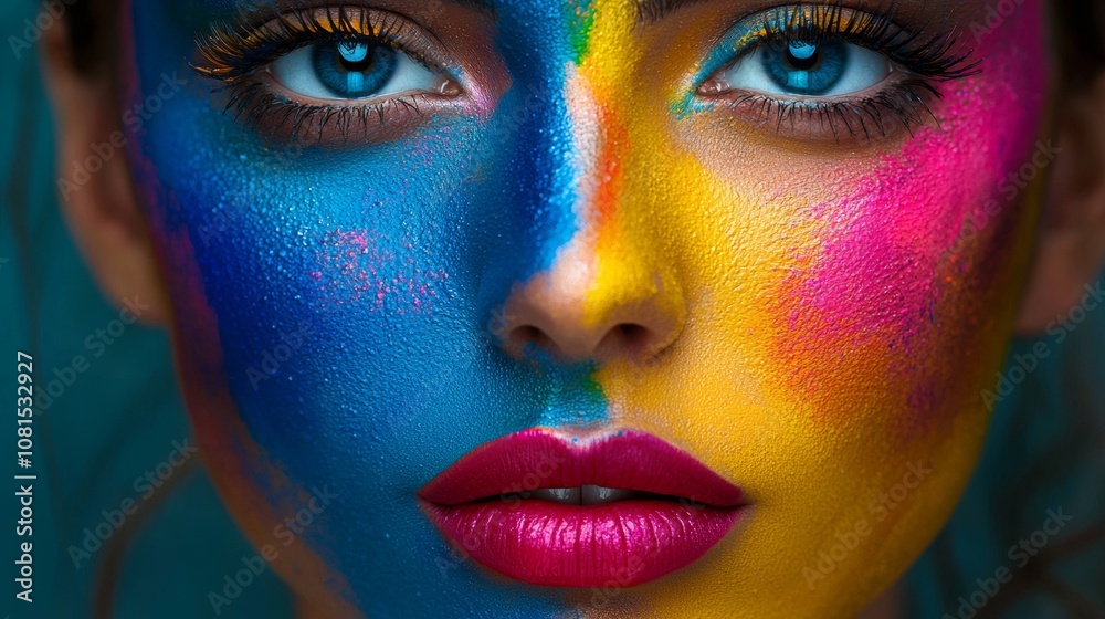 Close-up of woman's face with vibrant artistic face paint Close-up of woman's face with vibrant artistic face paint