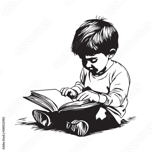 Silhouette of a young child reading a book while sitting on the ground vector image