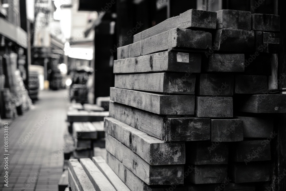 Stacked wooden planks in a narrow alleyway. Stacked wooden planks in a narrow alleyway.