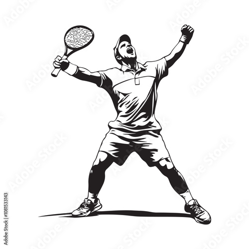 Black and white Tennis Player Celebration Isolated Stock Image Vector isolated on white background