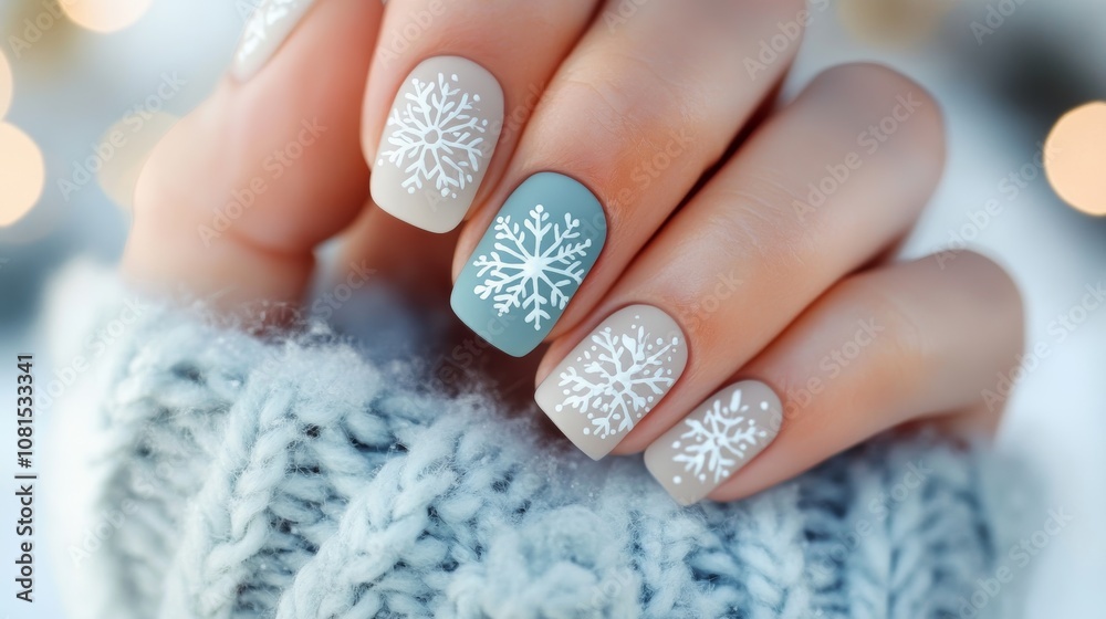 Winter Snowflake Manicure on Pale Base Winter Snowflake Manicure on Pale Base