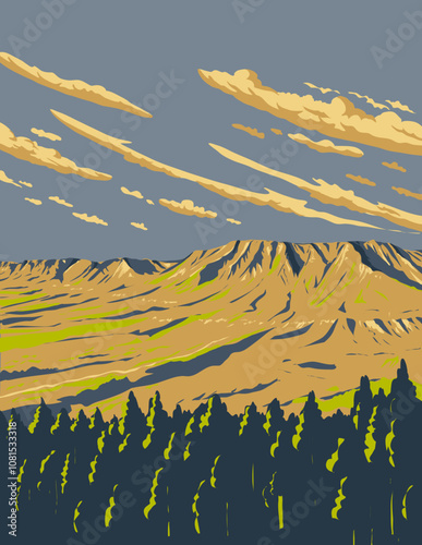 WPA poster art of Mogollon Rim, an escarpment in the southwestern edge of the Colorado Plateau along the northern half of Arizona done in works project administration or or federal art project style.
