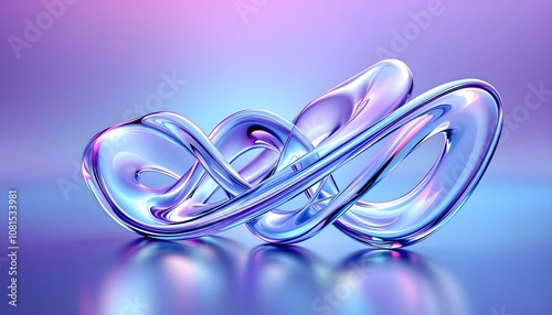 3d rendering, abstract violet background with curvy glass ribbon and reflection on the water surface. Simple modern minimalist wallpaper. Abstract background with glass shapes composition. 