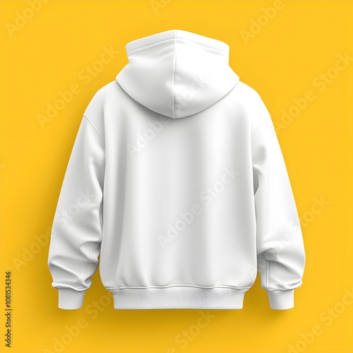 A plain white hoodie displayed against a bright yellow background.