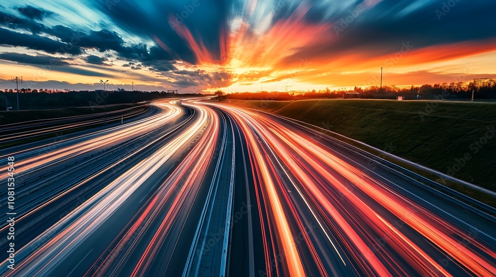 Long exposure photo of car lights on highway at sunset with dramatic clouds Long exposure photo of car lights on highway at sunset with dramatic clouds
