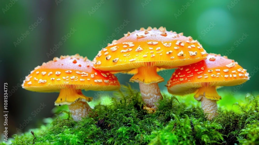 Fototapeta premium Vibrant orange mushrooms with white spots on lush green moss.