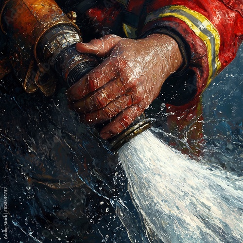 Firefighter s Hand Squeezing Water Hose Valve for Emergency Response and Rescue photo