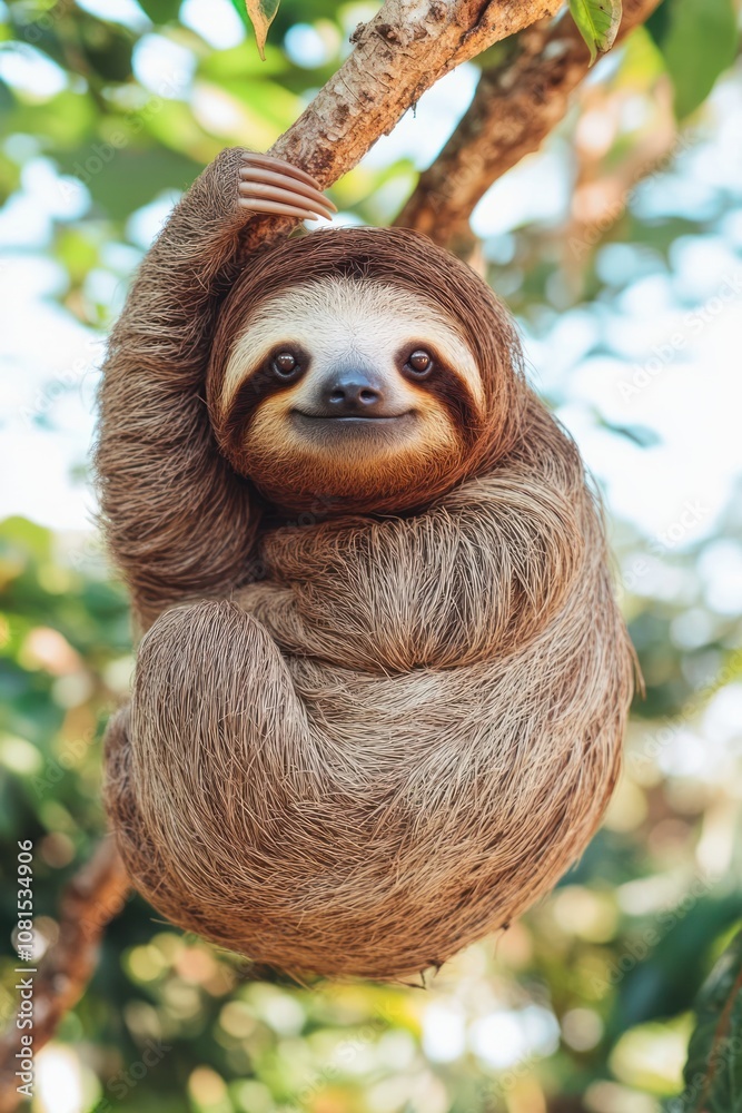 A sloth hanging from a tree branch, showcasing its unique features and relaxed demeanor. A sloth hanging from a tree branch, showcasing its unique features and relaxed demeanor.