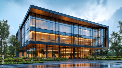 Modern glass building with lush landscaping and ambient lighting.