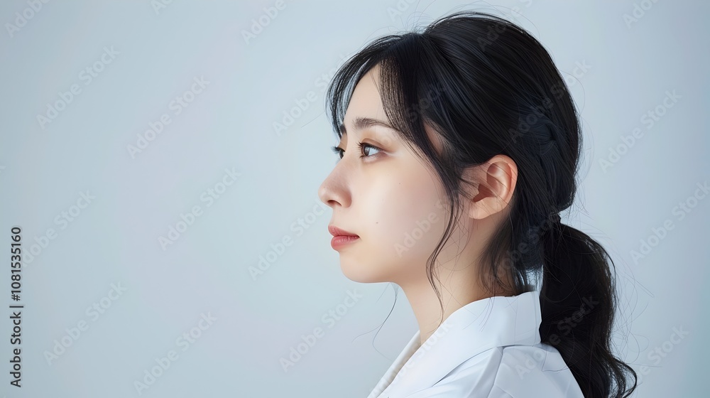 Elegant Japanese-Spanish Mixed Doctor Professional CEO in Sideview Studio Portrait Elegant Japanese-Spanish Mixed Doctor Professional CEO in Sideview Studio Portrait