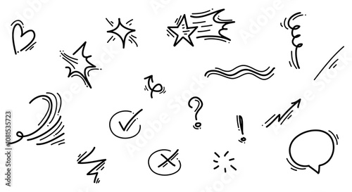Hand drawn set of doodle emphasis design elements. wind, arrow, heart, exclamation, star. used for infographic concept design