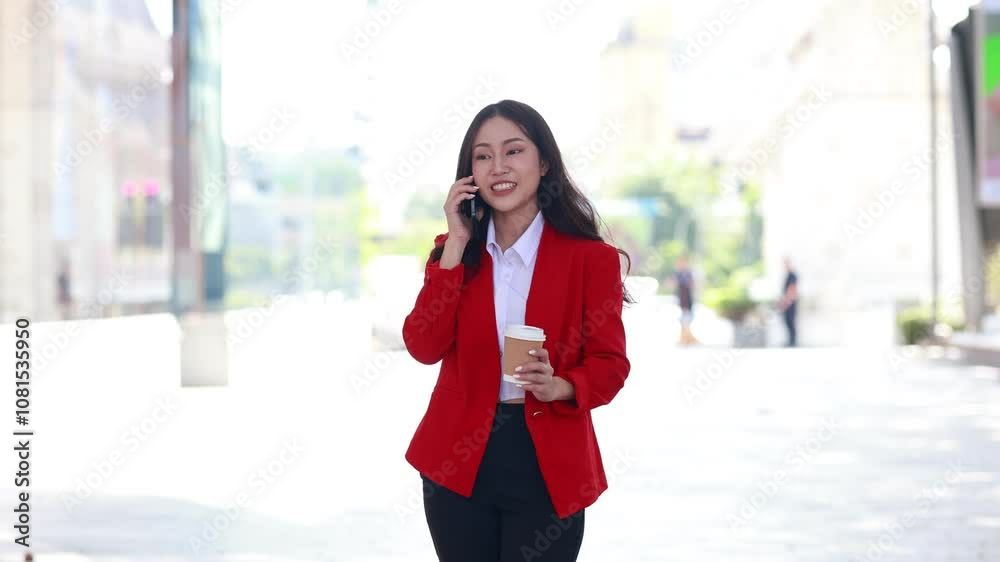 Asian businesswoman in red suit standing in city talking on phone with business partner while walking down street Asian businesswoman in red suit standing in city talking on phone with business partner while walking down street