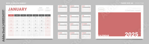 Set of 2025 Pages Monthly Calendar Planner Templates, Cover with Place for Photo, Company Logo. Vector pages for wall or desk calendar. Page size Letter -8.5x11 in for Print. Week start Sunday
