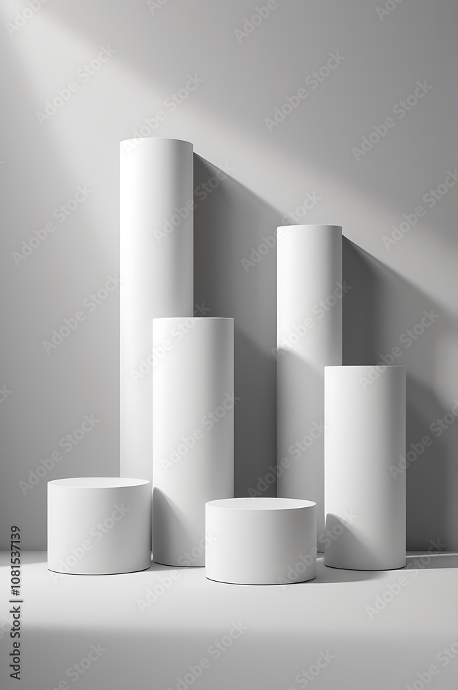 Minimalist arrangement of white cylindrical pedestals on a gray gradient background Minimalist arrangement of white cylindrical pedestals on a gray gradient background