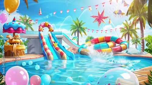Celebrate Your Birthday with Thrills and Chills at a Colorful Water Park Background!