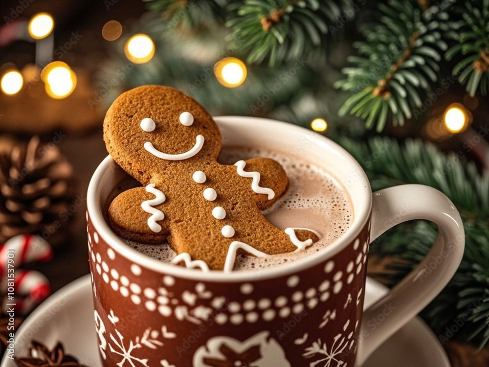 Gingerbread cookie man in a cup of hot chocolate or cappuccino