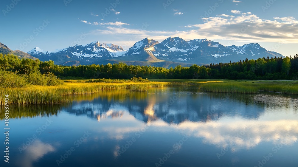 Scenic Mountain Lake with Reflections of Clouds in the Water Scenic Mountain Lake with Reflections of Clouds in the Water