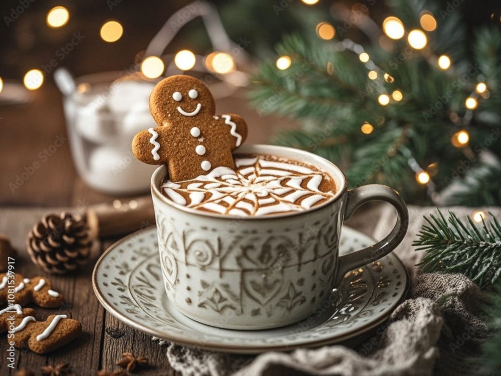 Gingerbread cookie man in a cup of hot chocolate or cappuccino