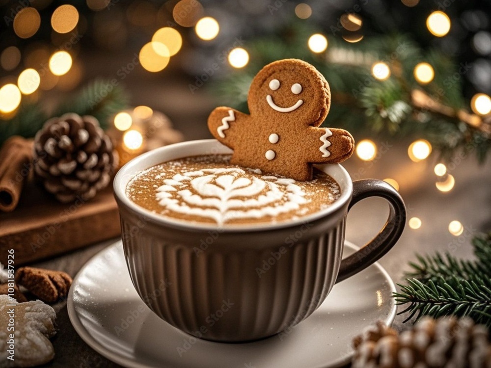 Gingerbread cookie man in a cup of hot chocolate or cappuccino