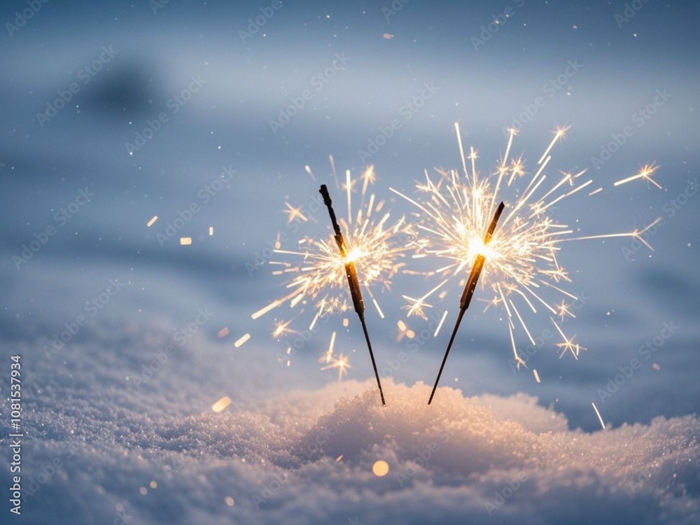 two burning sparklers in snow, background for christmas or New Year's Eve, abstract blurred winter backdrop, fireworks in snow landscape