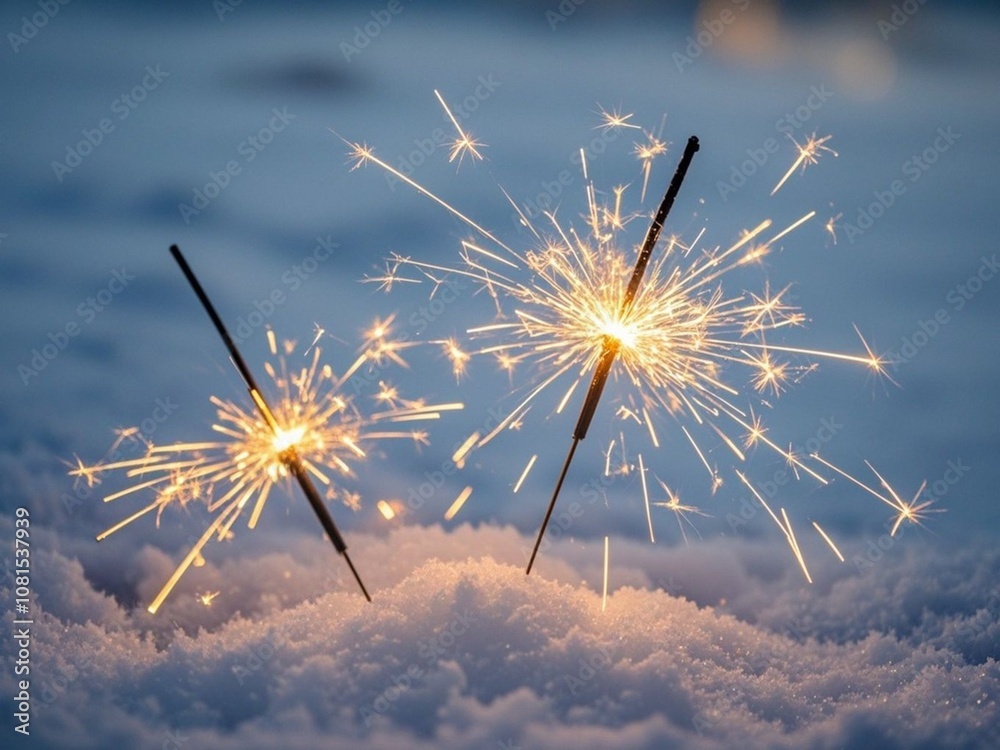 two burning sparklers in snow, background for christmas or New Year's Eve, abstract blurred winter backdrop, fireworks in snow landscape