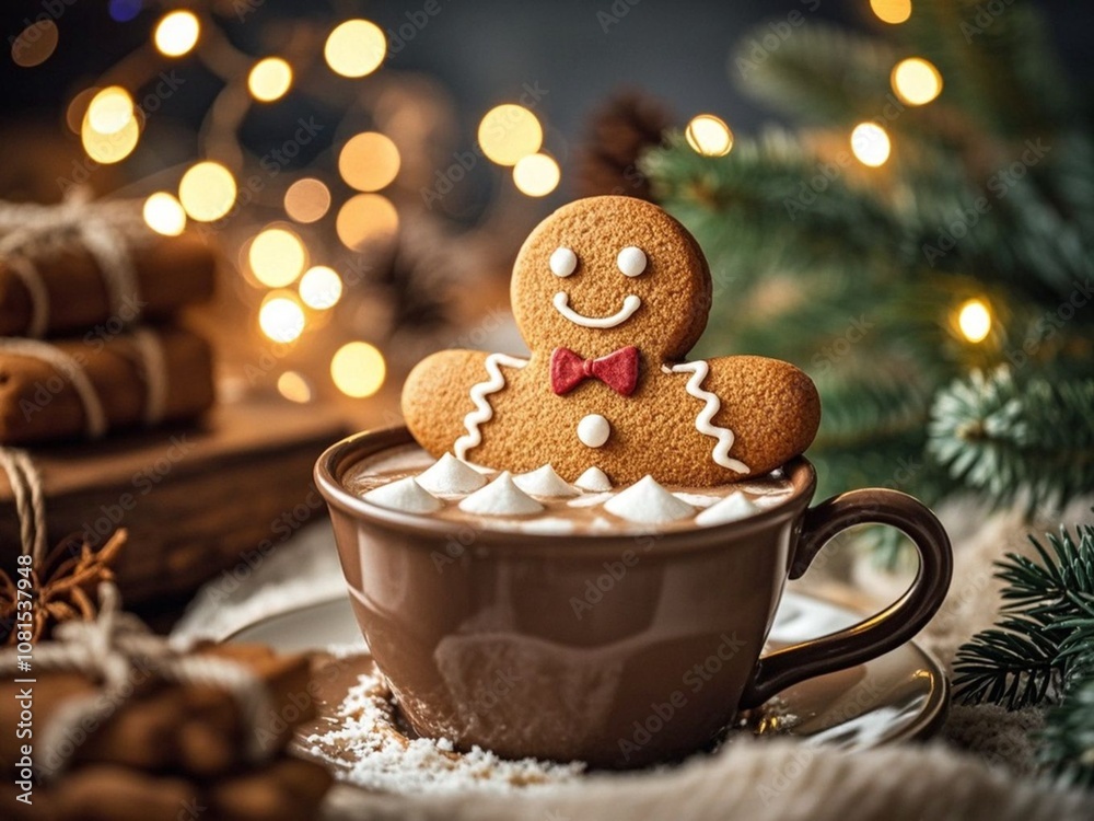 Gingerbread cookie man in a cup of hot chocolate or cappuccino