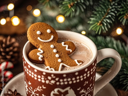 Obraz na płótnie Gingerbread cookie man in a cup of hot chocolate or cappuccino w salonie