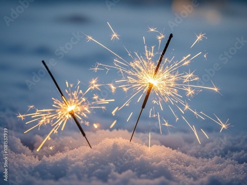 Obraz na płótnie two burning sparklers in snow, background for christmas or New Year's Eve, abstract blurred winter backdrop, fireworks in snow landscape w salonie