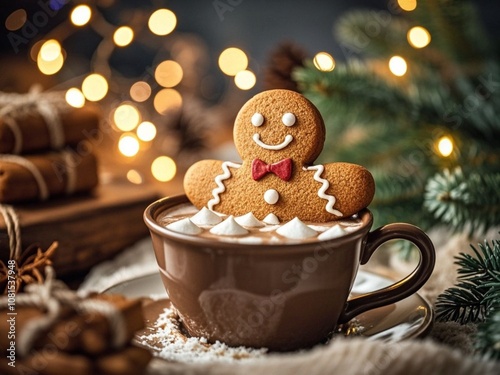 Obraz na płótnie Gingerbread cookie man in a cup of hot chocolate or cappuccino w salonie