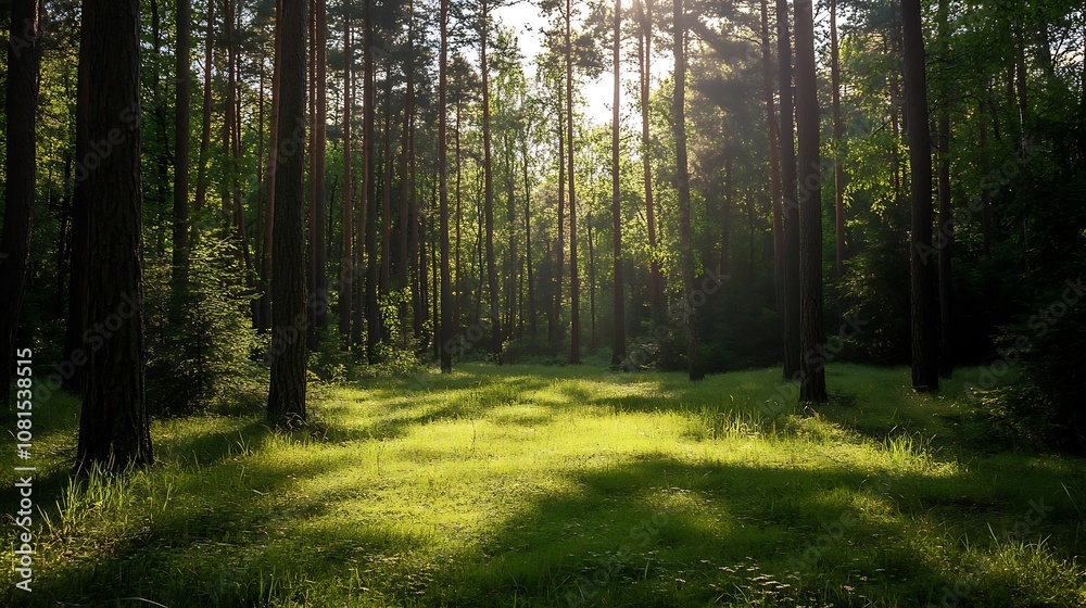 Fototapeta premium Sunbeams shining through the trees in a lush green forest
