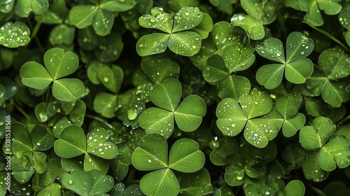 A close-up of a patch of green clover leaves with water droplets on them.