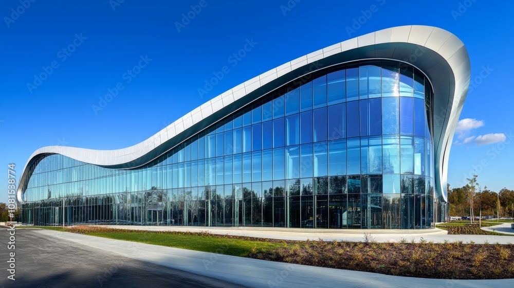 Obraz premium Modern building with curved glass facade reflecting sky. Contemporary architectural design against a clear blue backdrop