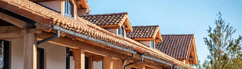 A close-up view of rooftops featuring traditional tiles and wooden structures under a clear sky. A close-up view of rooftops featuring traditional tiles and wooden structures under a clear sky.