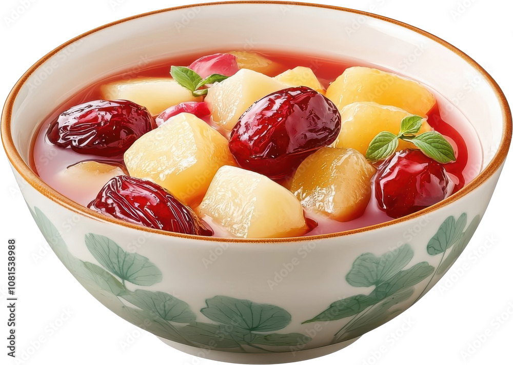 Chinese food clipart. Colorful fruit bowl with jujubes and pineapple in syrup, garnished with mint leaves. Chinese food clipart. Colorful fruit bowl with jujubes and pineapple in syrup, garnished with mint leaves.