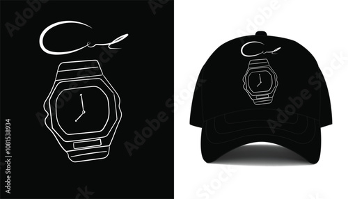 Black hat design with watch illustration for fashion style