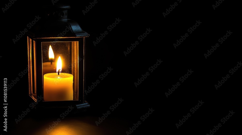 Lit candle in lantern creates warm, comforting glow dark