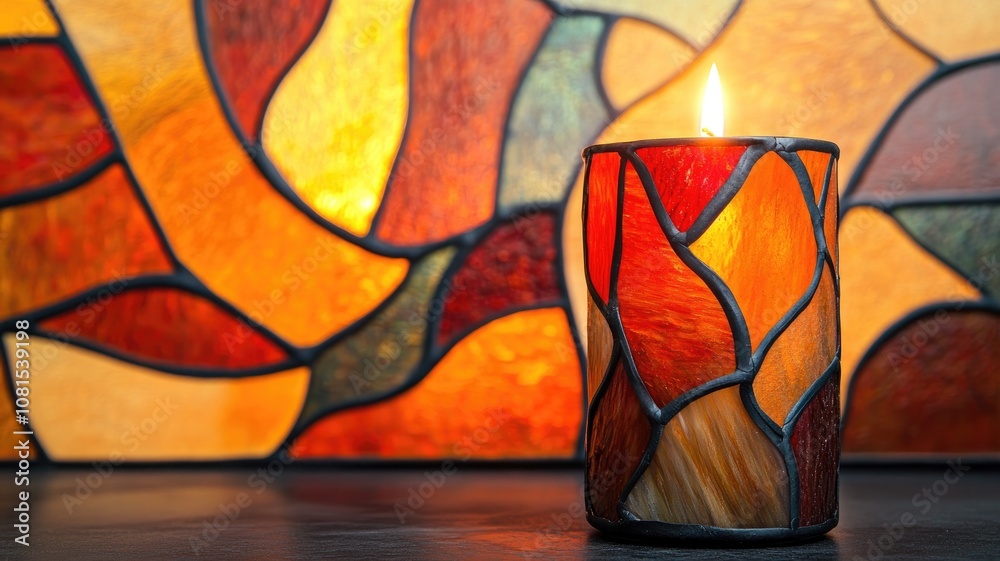 Stained glass candle holder lit, with abstract patterns in warm colors Stained glass candle holder lit, with abstract patterns in warm colors