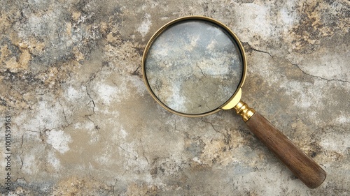 Magnifying glass placed on cracked, textured, aged surface