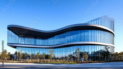 Modern building with curved glass facade reflecting sky. Contemporary architectural design against a clear blue backdrop