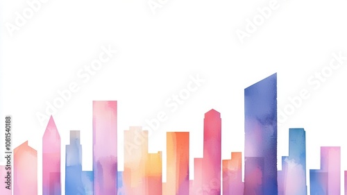 Economic Growth and Climate Change concept. A colorful watercolor skyline with tall buildings, blending shades of pink, orange, and blue against a white background.