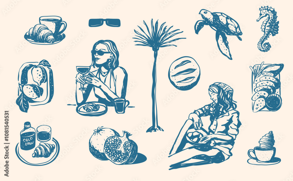 Obraz premium Hand Drawn La Dolce Vita Italian Mediterranean Summer Beach Picnic, Restaurant Menu, Wine and Pasta, Poster Design Invitation Card, and Tropical Palm Tree
