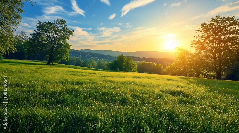 Scenic Landscape with Green Grass Field, Sunset, and Trees Scenic Landscape with Green Grass Field, Sunset, and Trees