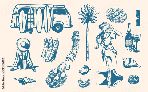 Hand Drawn La Dolce Vita Italian Mediterranean Summer Beach Picnic, Restaurant Menu, Wine and Pasta, Poster Design Invitation Card, and Tropical Palm Tree