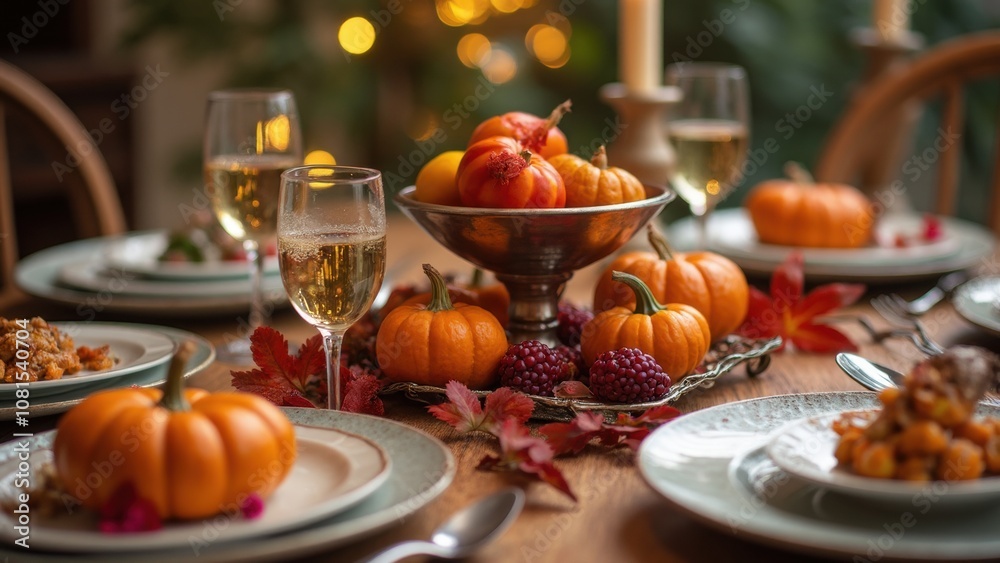 A beautifully arranged autumn dinner table showcases small pumpkins, seasonal dishes, and soft candlelight, creating a warm and inviting atmosphere for gathering Thanksgiving day concept A beautifully arranged autumn dinner table showcases small pumpkins, seasonal dishes, and soft candlelight, creating a warm and inviting atmosphere for gathering Thanksgiving day concept