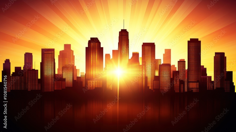 A silhouette of a city skyline with the sun rising behind it. The sun is bright and orange, and the city is dark and silhouetted. A silhouette of a city skyline with the sun rising behind it. The sun is bright and orange, and the city is dark and silhouetted.