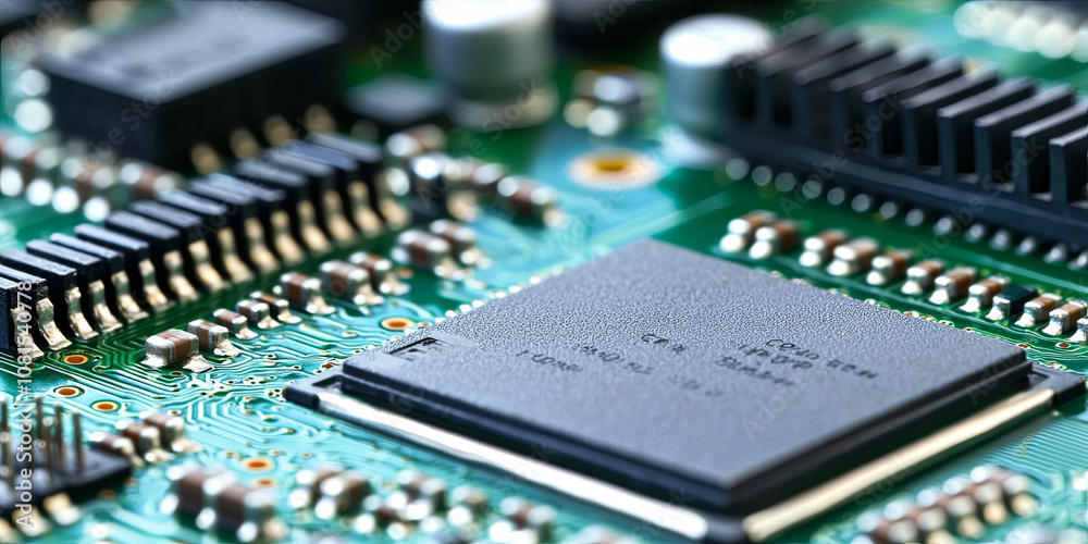 Close up of an integrated circuit on the motherboard, generative AI